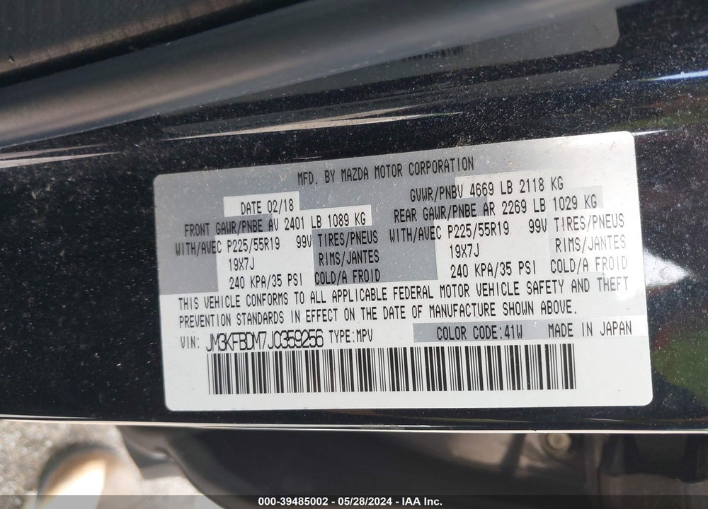 2018 MAZDA CX-5 GRAND TOURING VIN: JM3KFBDM7J0359256