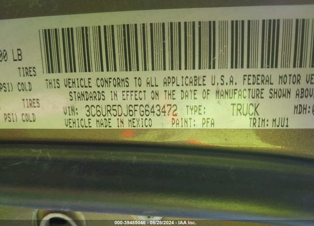 2015 RAM 2500 OUTDOORSMAN VIN: 3C6UR5DJ6FG643472
