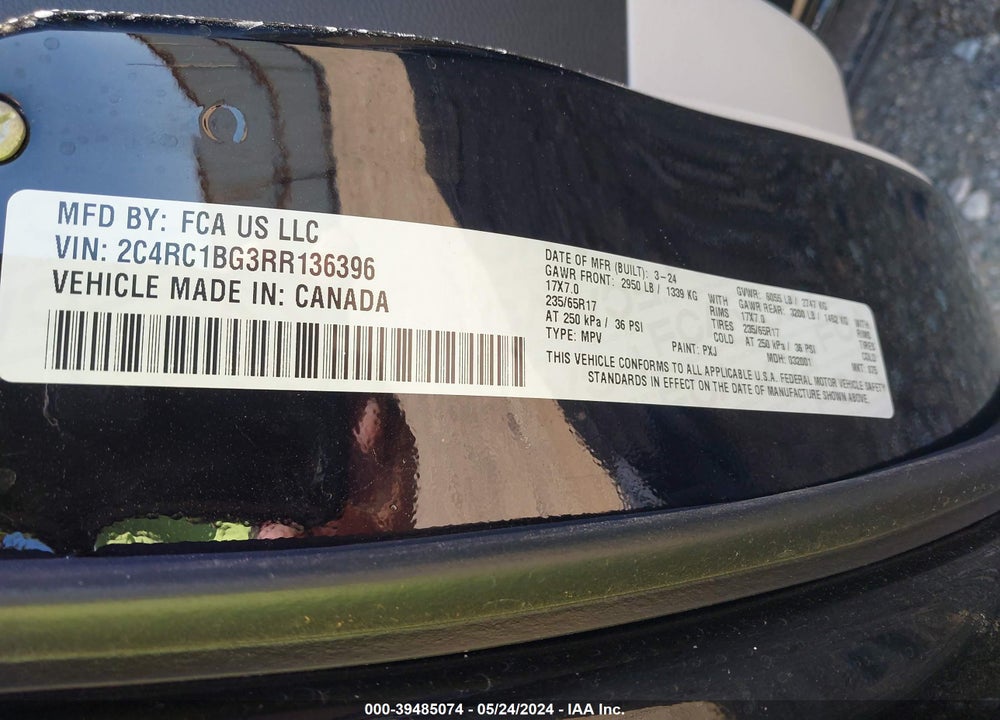 2024 CHRYSLER PACIFICA TOURING L VIN: 2C4RC1BG3RR136396