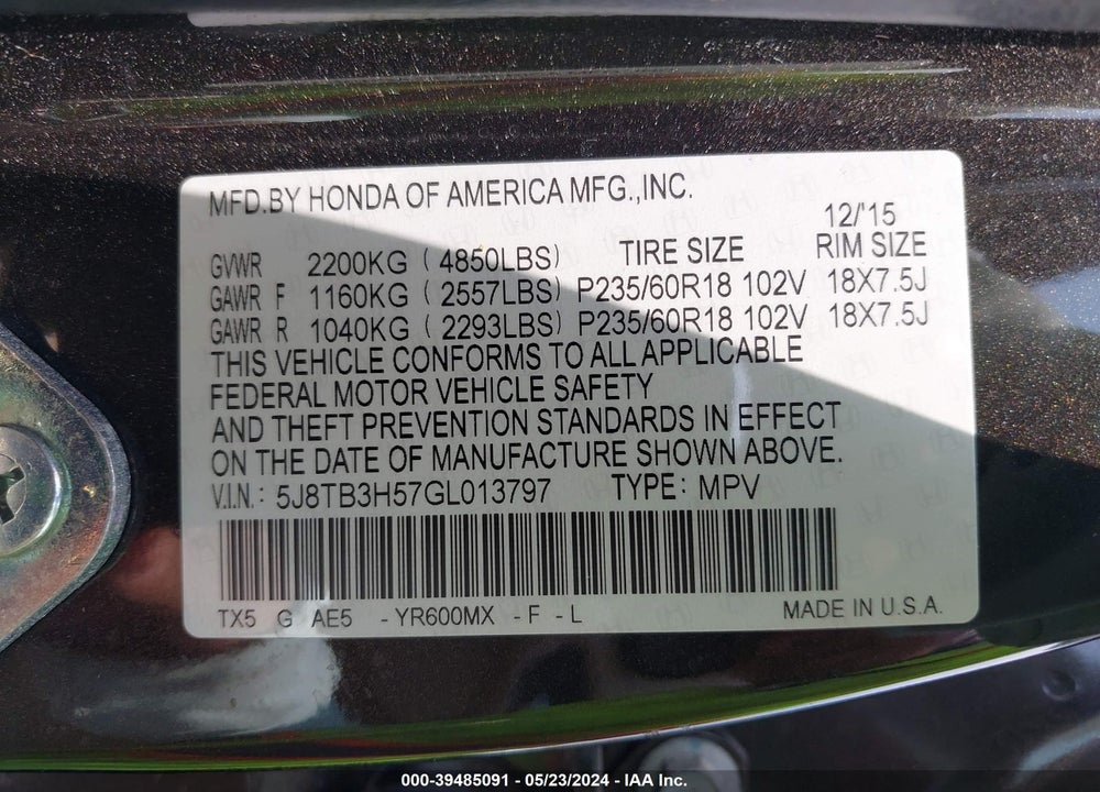 2016 ACURA RDX VIN: 5J8TB3H57GL013797