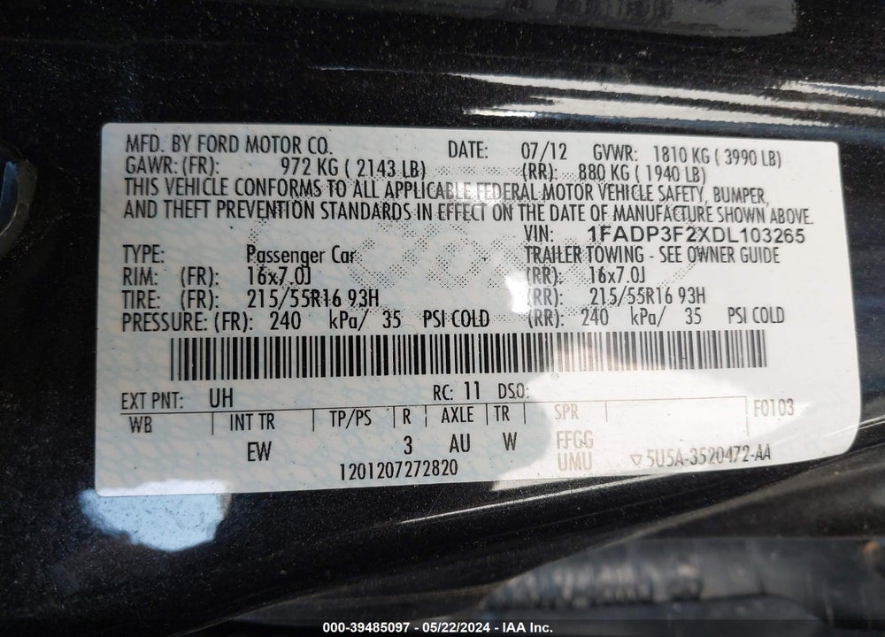 2013 FORD FOCUS SE VIN: 1FADP3F2XDL103265