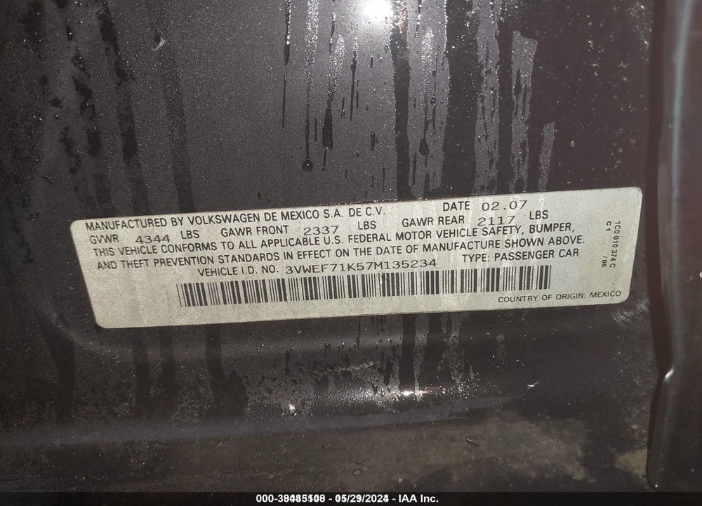 2007 VOLKSWAGEN JETTA VIN: 3VWEF71K57M135234