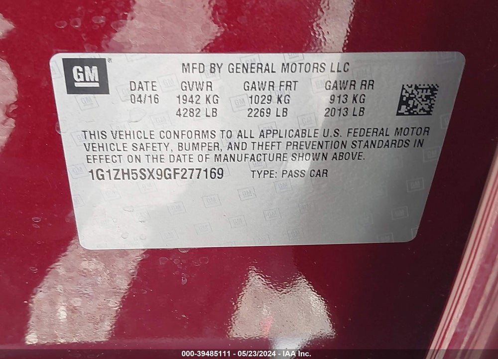 2016 CHEVROLET MALIBU PREMIER VIN: 1G1ZH5SX9GF277169