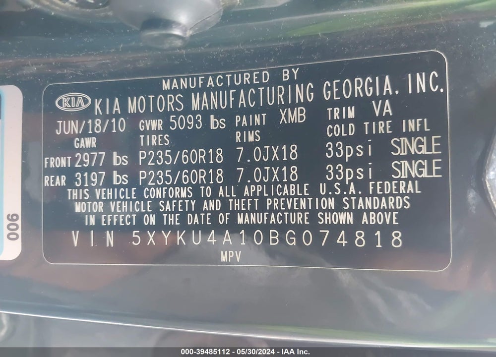 2011 KIA SORENTO EX VIN: 5XYKU4A10BG074818
