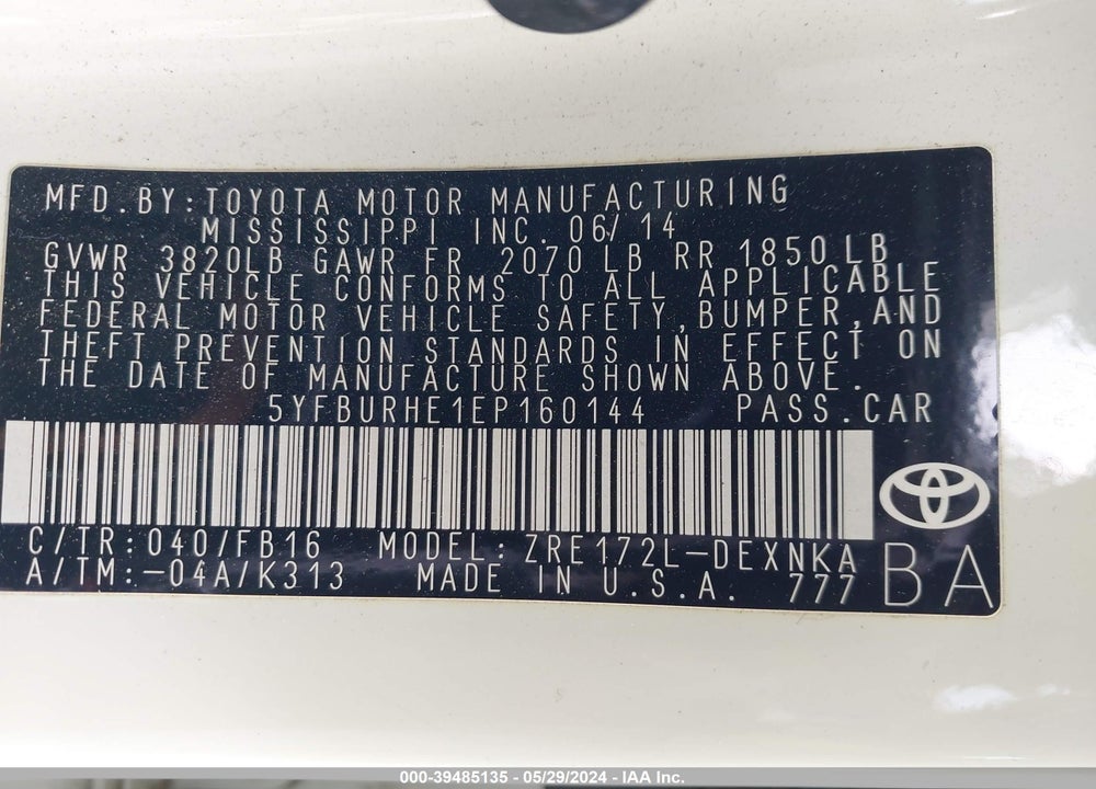 2014 TOYOTA COROLLA LE VIN: 5YFBURHE1EP160144