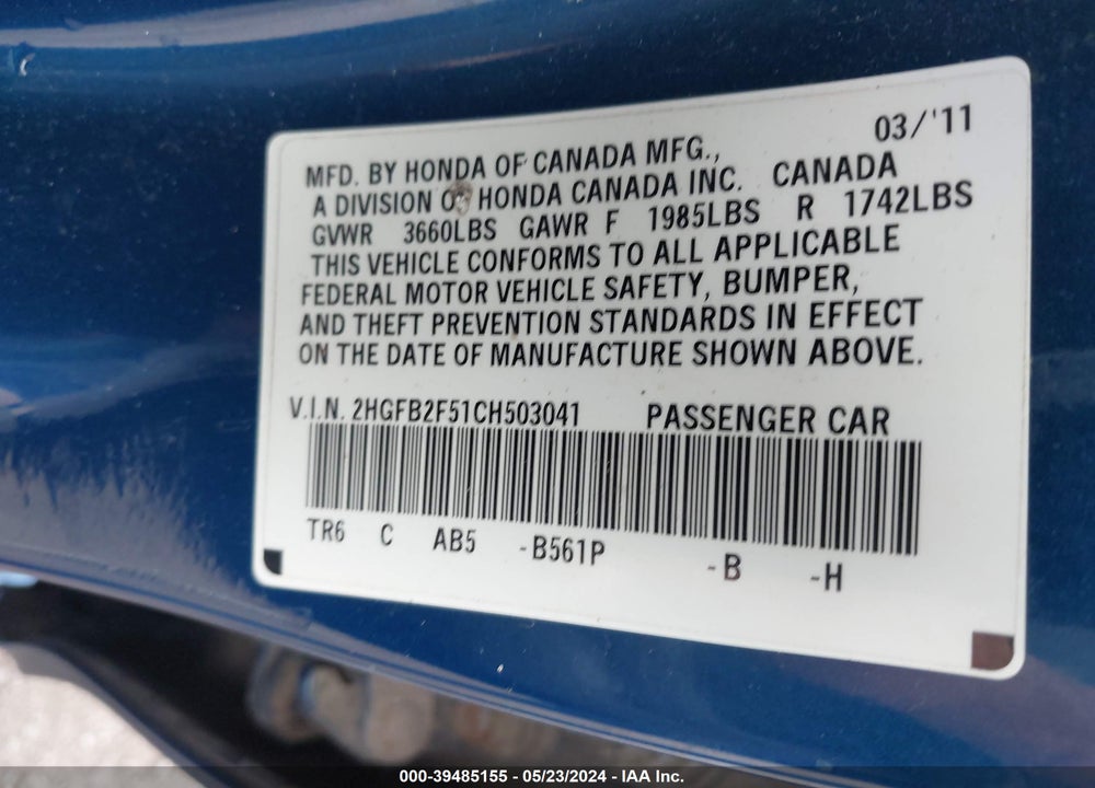 2012 HONDA CIVIC VIN: 2HGFB2F51CH503041
