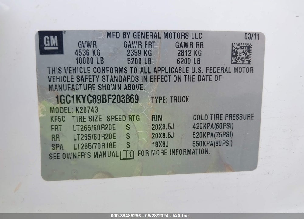2011 CHEVROLET SILVERADO 2500HD LTZ VIN: 1GC1KYC89BF203869