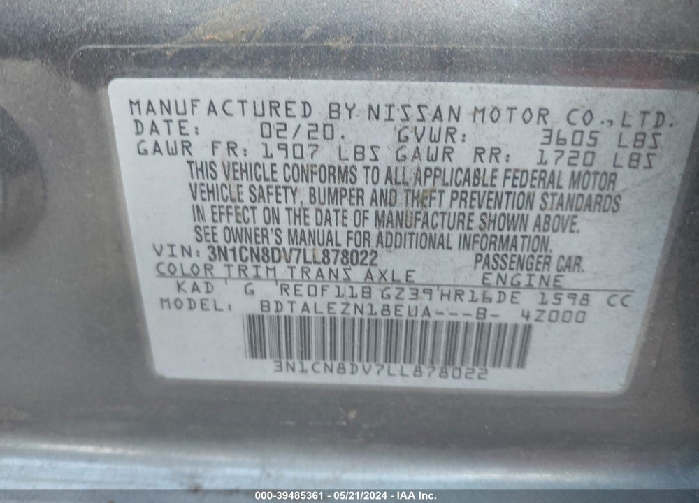 2020 NISSAN VERSA VIN: 3N1CN8DV7LL878022