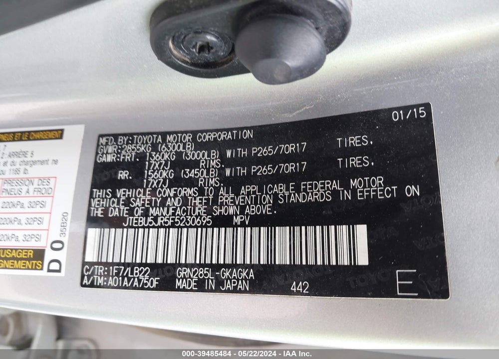 2015 TOYOTA 4RUNNER VIN: JTEBU5JR5F5230695