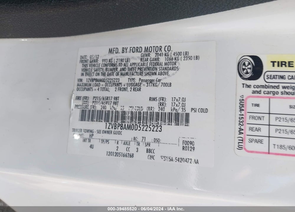 2013 FORD MUSTANG V6 PREMIUM VIN: 1ZVBP8AM0D5225223