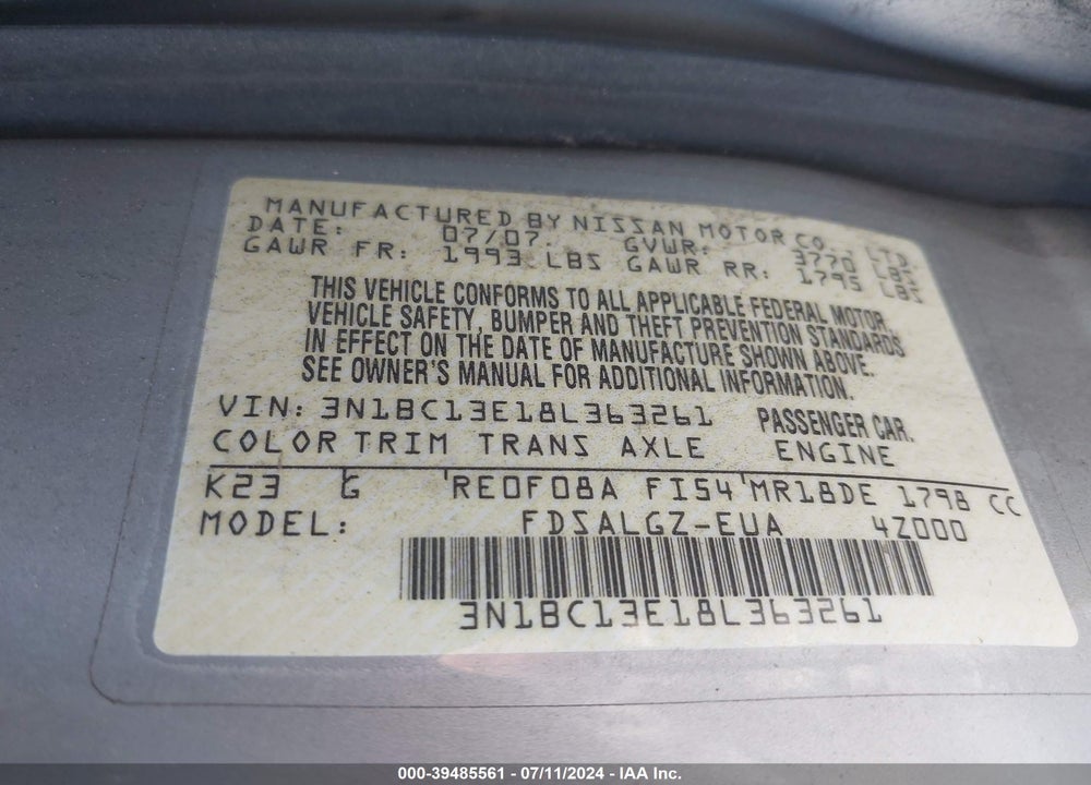 2008 NISSAN VERSA 1.8SL VIN: 3N1BC13E18L363261