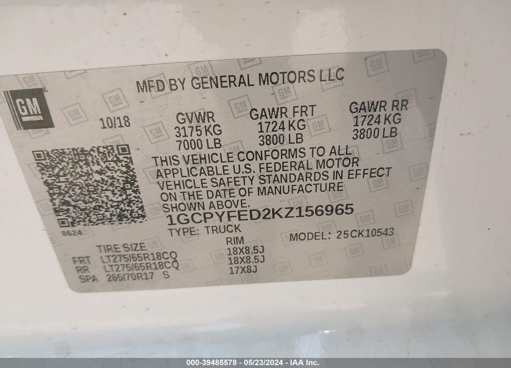 2019 CHEVROLET SILVERADO 1500 LT TRAIL BOSS VIN: 1GCPYFED2KZ156965