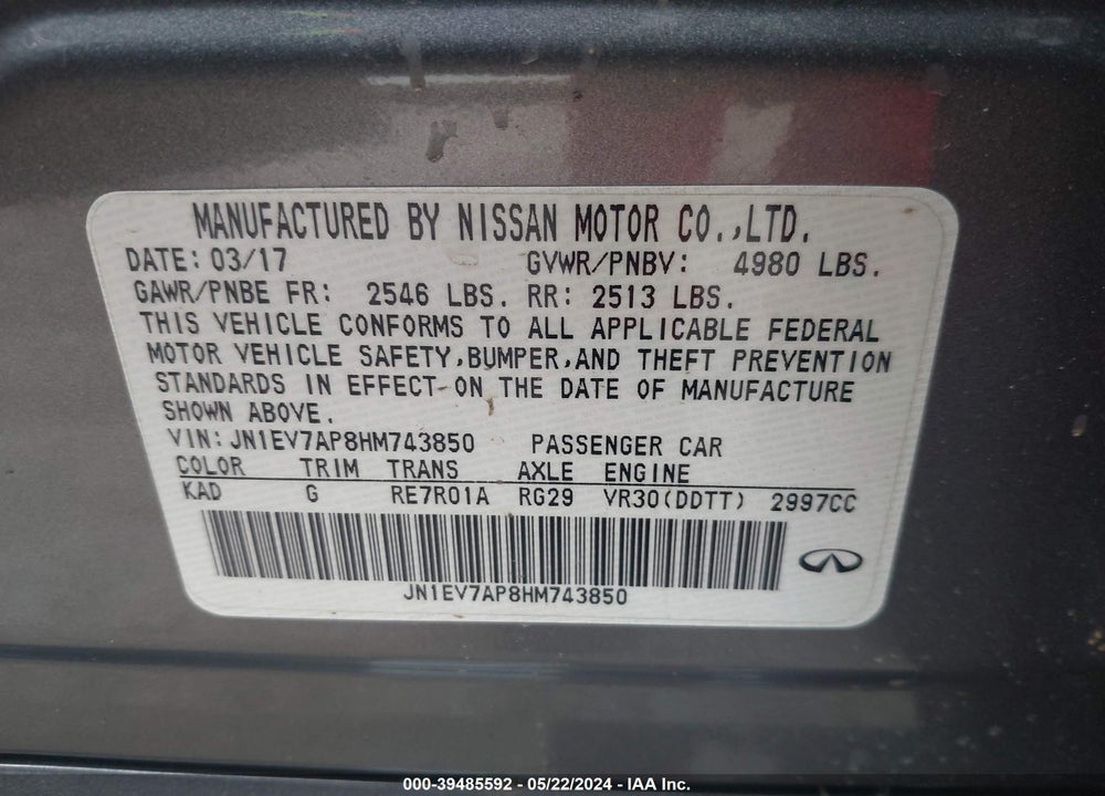 2017 INFINITI Q50 3.0T PREMIUM VIN: JN1EV7AP8HM743850