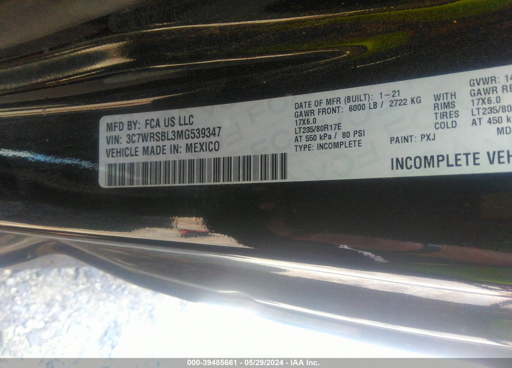 2021 RAM 3500 CHASSIS TRADESMAN/SLT VIN: 3C7WRSBL3MG539347