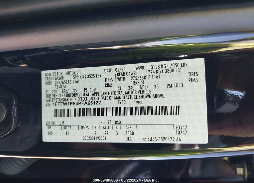 2023 FORD F-150 XLT VIN: 1FTFW1E54PFA65122