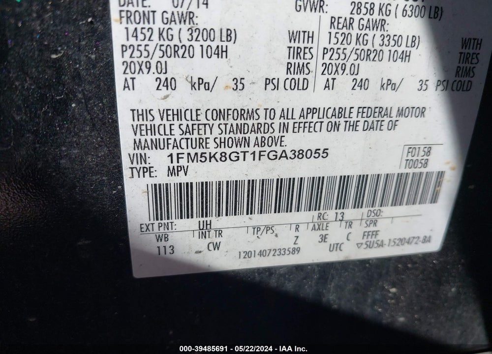 2015 FORD EXPLORER SPORT VIN: 1FM5K8GT1FGA38055