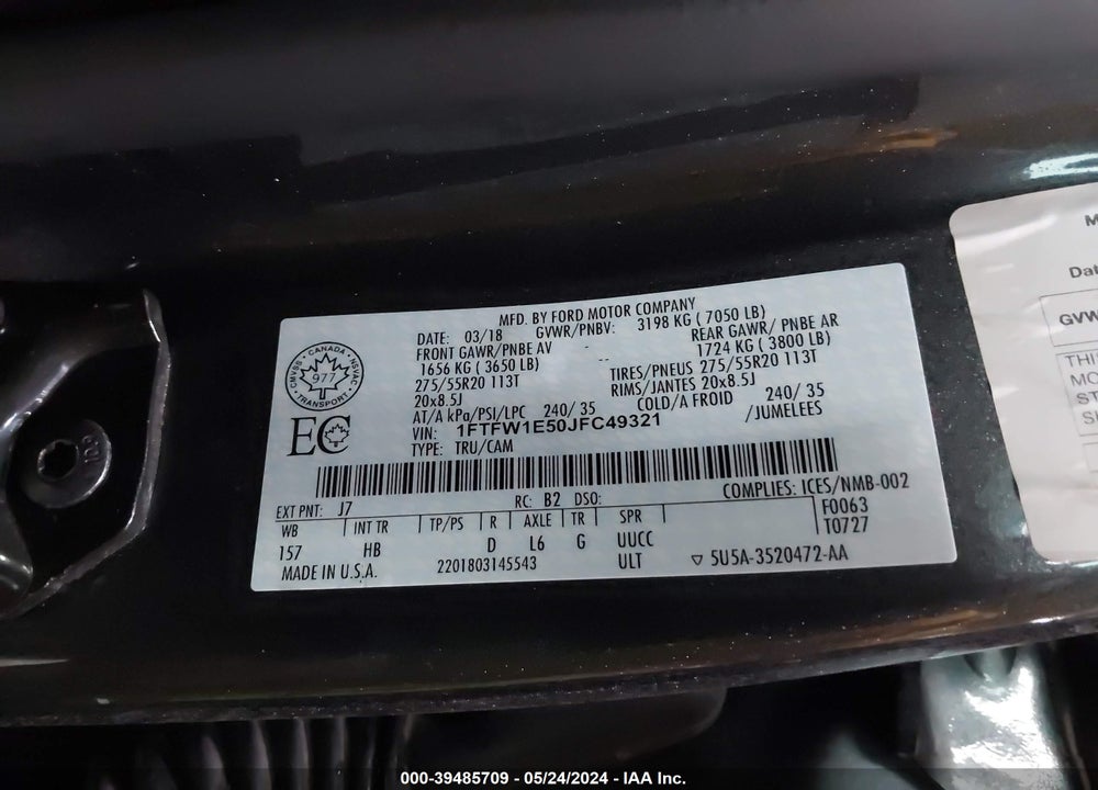 2018 FORD F-150 LARIAT VIN: 1FTFW1E50JFC49321
