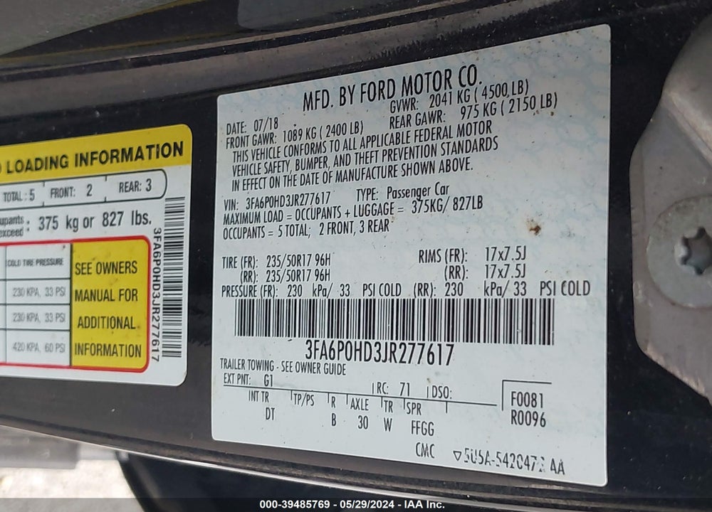 2018 FORD FUSION SE VIN: 3FA6P0HD3JR277617