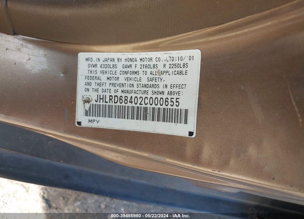 2002 HONDA CR-V VIN: JHLRD68402C000655