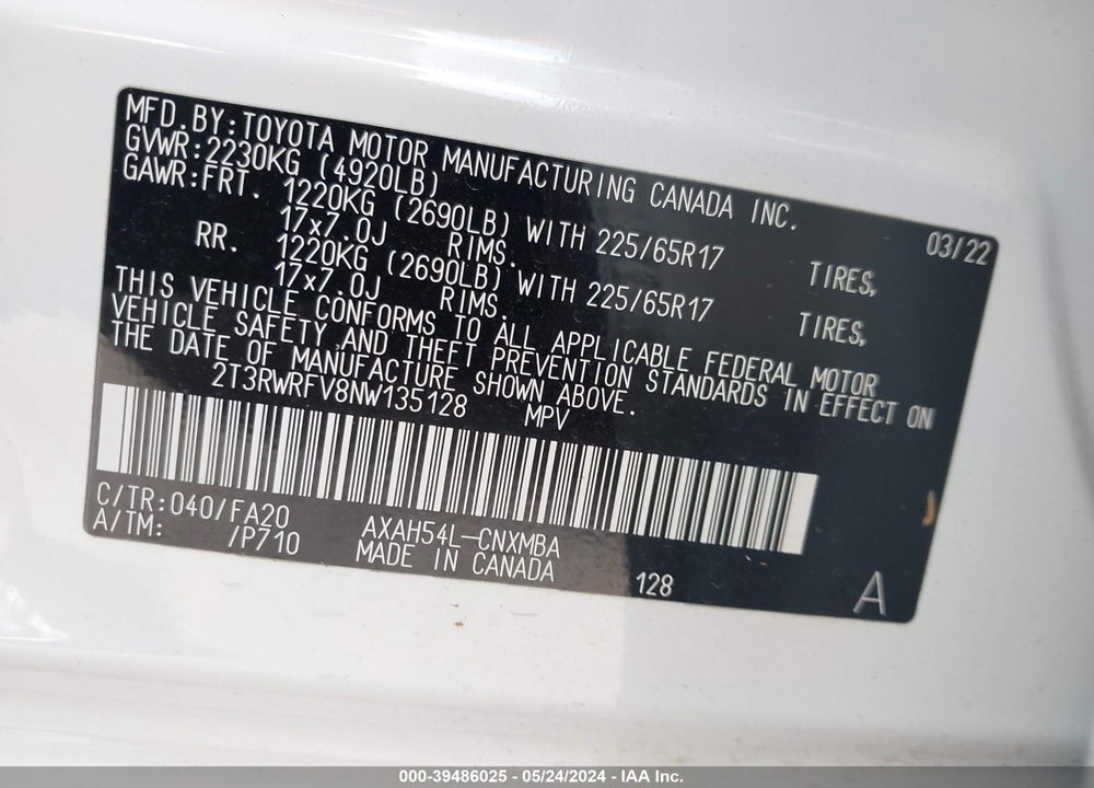 2022 TOYOTA RAV4 XLE HYBRID VIN: 2T3RWRFV8NW135128