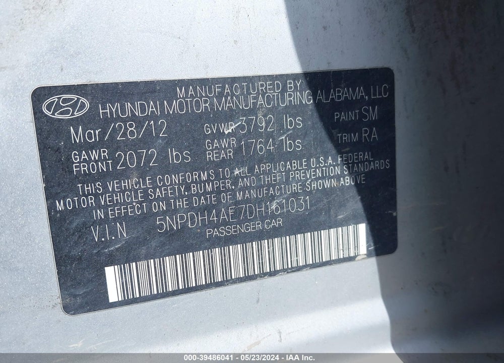 2013 HYUNDAI ELANTRA GLS VIN: 5NPDH4AE7DH161031