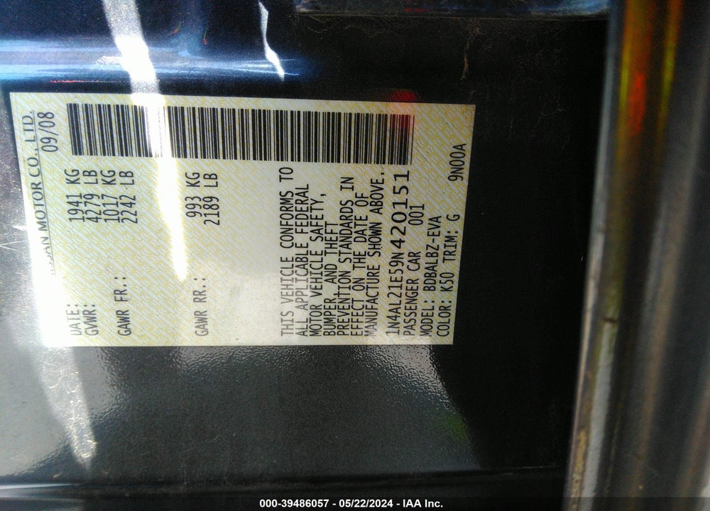 2009 NISSAN ALTIMA 2.5 S VIN: 1N4AL21E59N420151