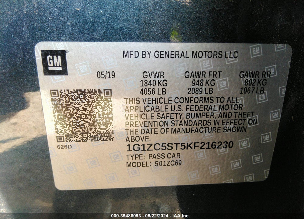 2019 CHEVROLET MALIBU 1FL VIN: 1G1ZC5ST5KF216230