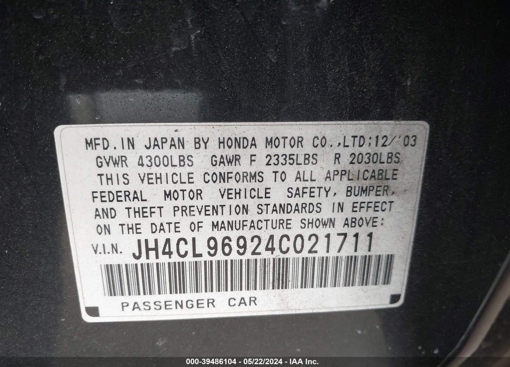 2004 ACURA TSX VIN: JH4CL96924C021711