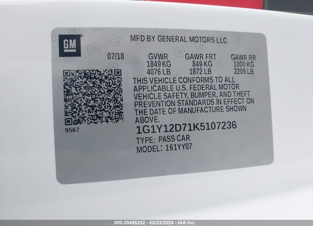 2019 CHEVROLET CORVETTE GRAND SPORT VIN: 1G1Y12D71K5107236