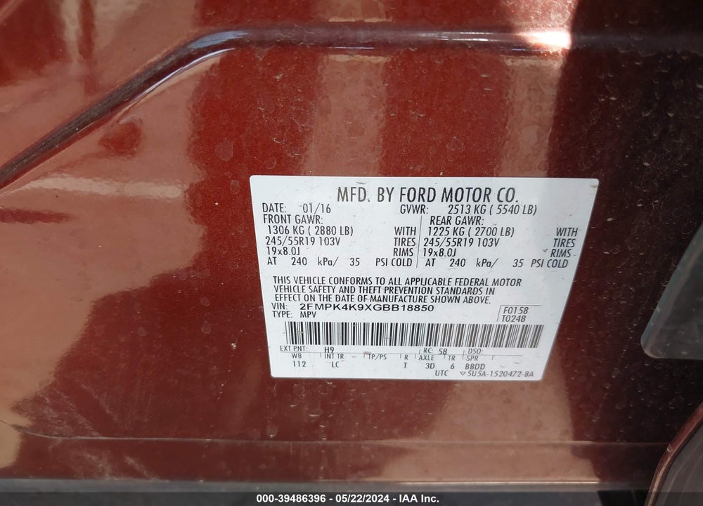 2016 FORD EDGE TITANIUM VIN: 2FMPK4K9XGBB18850