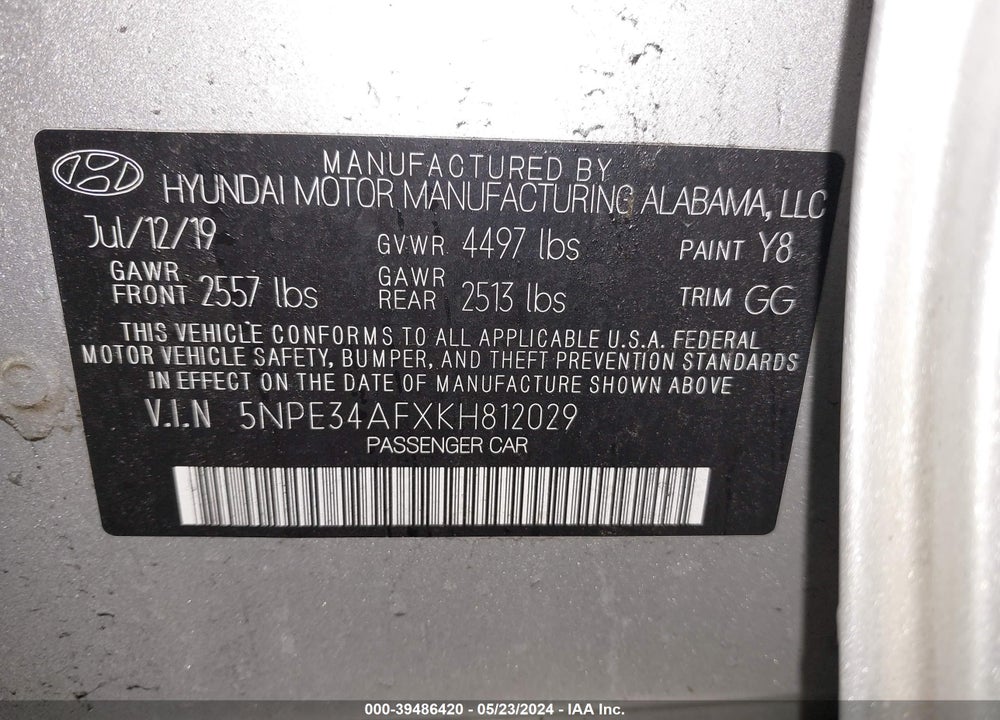 2019 HYUNDAI SONATA LIMITED VIN: 5NPE34AFXKH812029