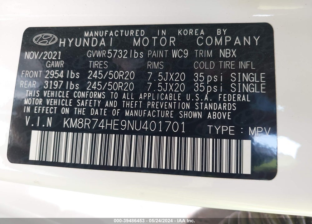 2022 HYUNDAI PALISADE CALLIGRAPHY VIN: KM8R74HE9NU401701