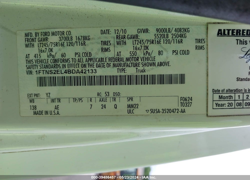 2011 FORD E-250 COMMERCIAL VIN: 1FTNS2EL4BDA42133