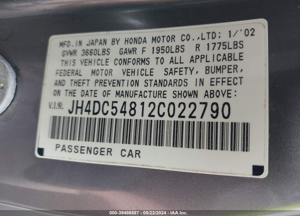 2002 ACURA RSX VIN: JH4DC54812C022790