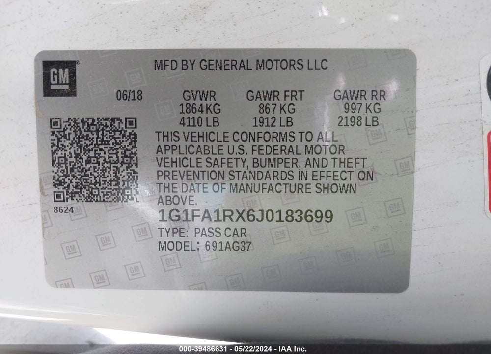2018 CHEVROLET CAMARO 1LS VIN: 1G1FA1RX6J0183699