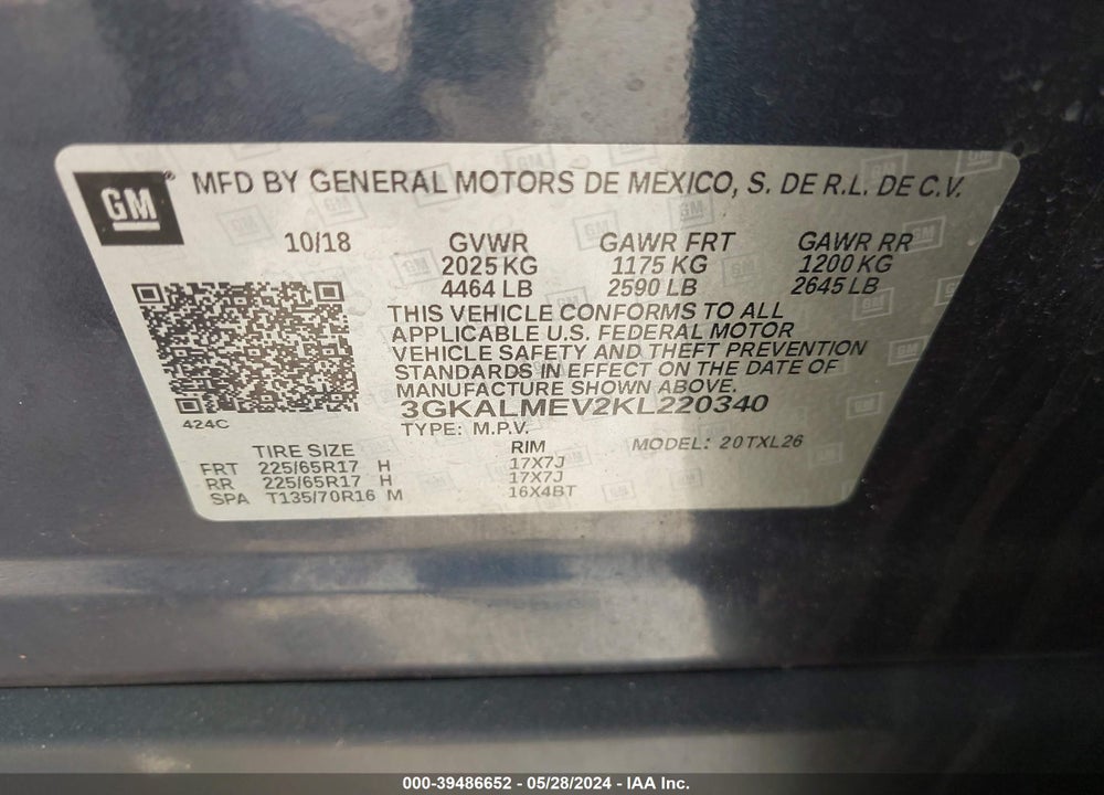 2019 GMC TERRAIN SLE VIN: 3GKALMEV2KL220340