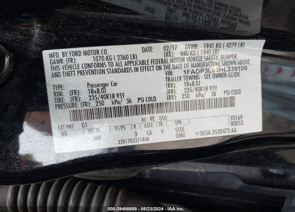 2017 FORD FOCUS ST VIN: 1FADP3L98HL239109