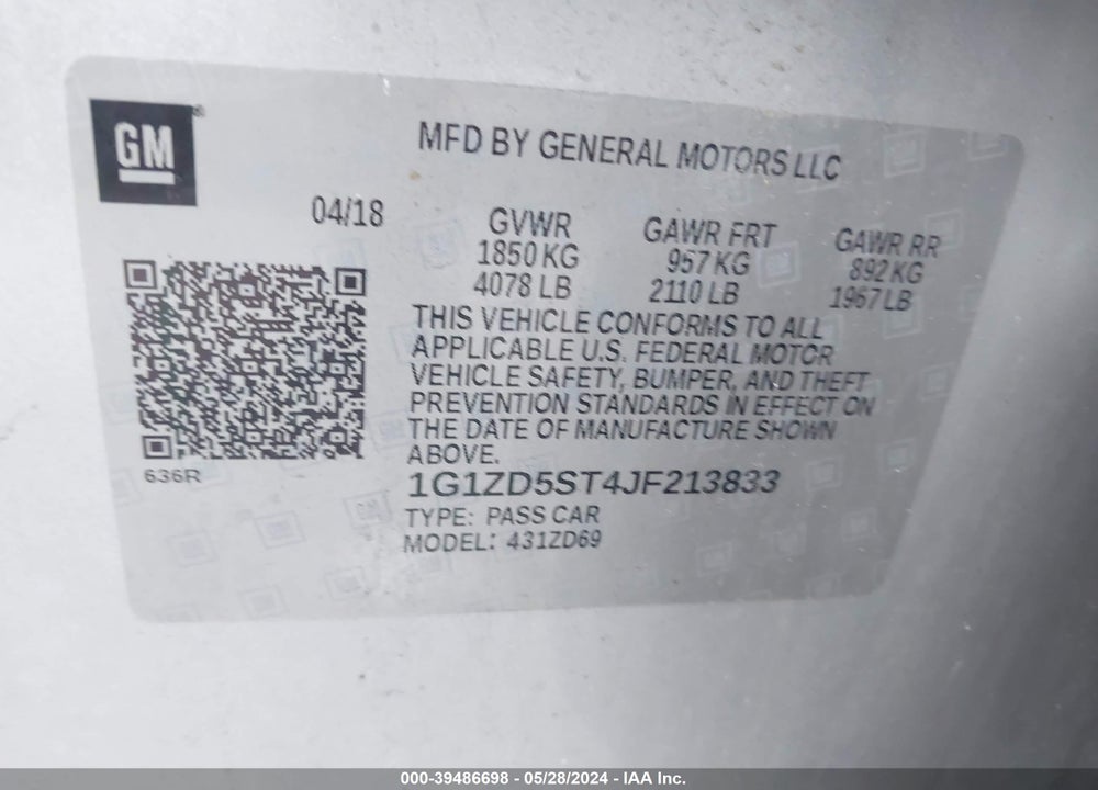 2018 CHEVROLET MALIBU LT VIN: 1G1ZD5ST4JF213833