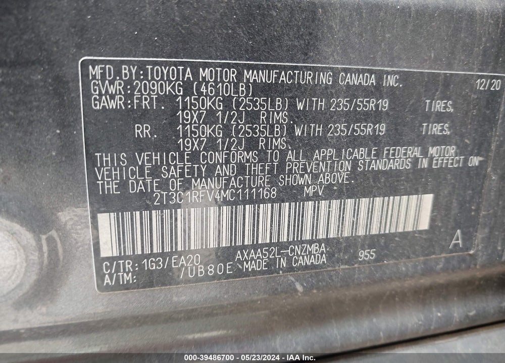 2021 TOYOTA RAV4 XLE PREMIUM VIN: 2T3C1RFV4MC111168