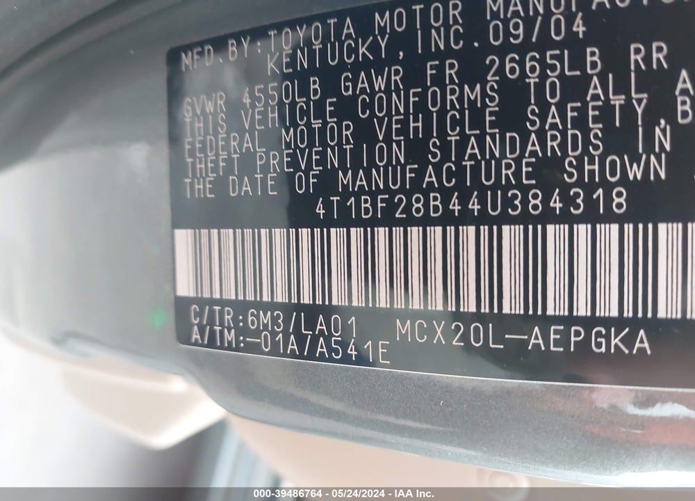 2004 TOYOTA AVALON XLS VIN: 4T1BF28B44U384318