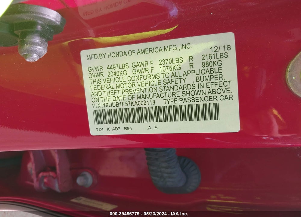 2019 ACURA TLX TECH PKG VIN: 19UUB1F57KA009118