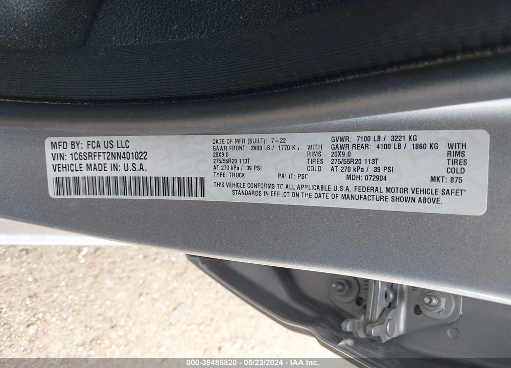 2022 RAM 1500 LONE STAR 4X4 5'7 BOX VIN: 1C6SRFFT2NN401022