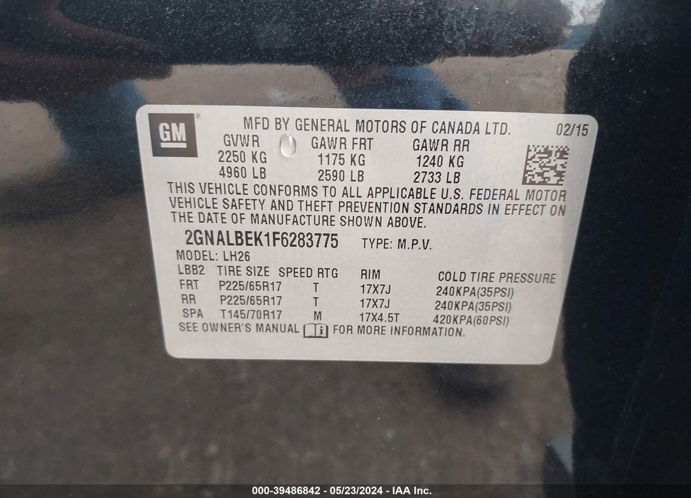 2015 CHEVROLET EQUINOX 1LT VIN: 2GNALBEK1F6283775