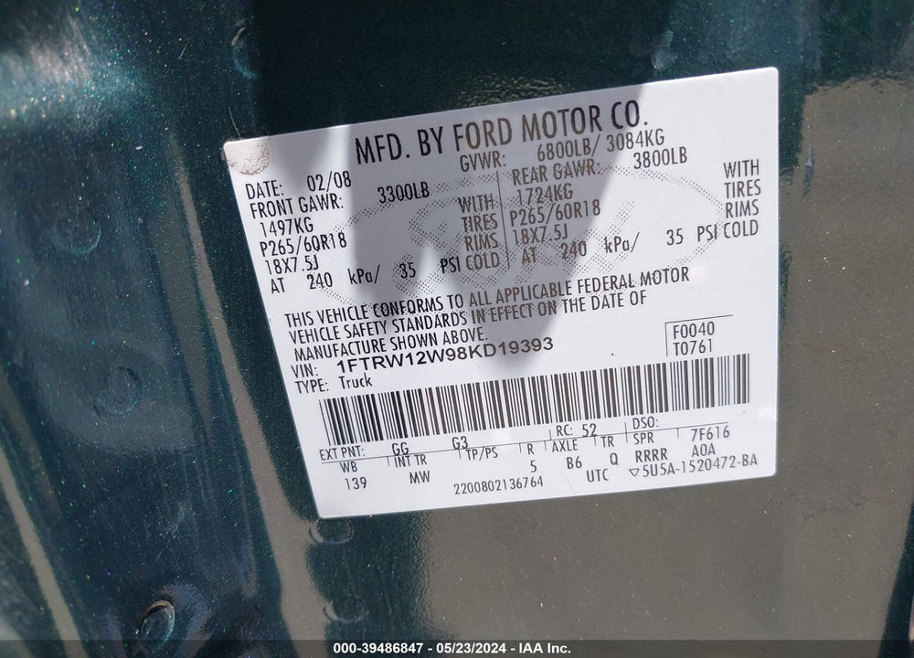 2008 FORD F-150 XLT VIN: 1FTRW12W98KD19393