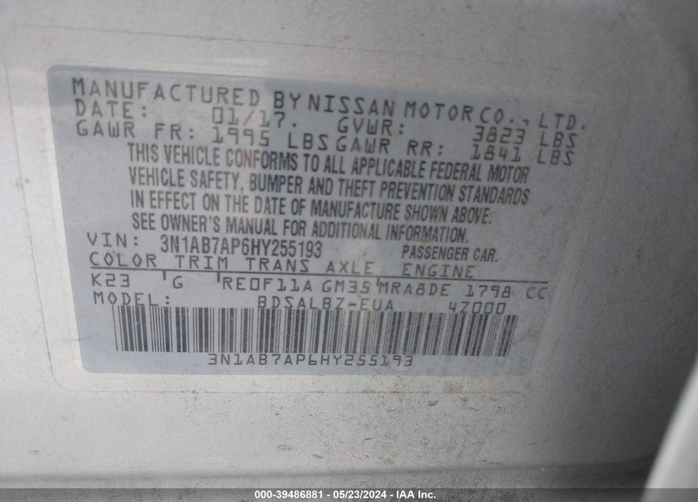 2017 NISSAN SENTRA S VIN: 3N1AB7AP6HY255193