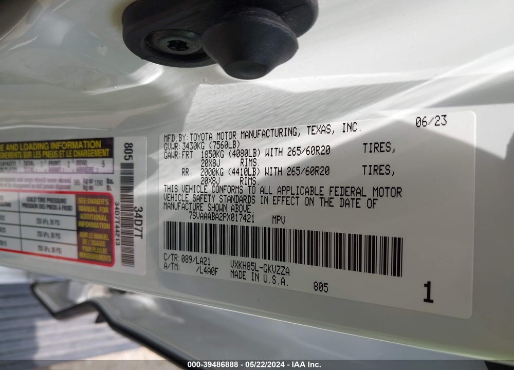 2023 TOYOTA SEQUOIA PLATINUM VIN: 7SVAAABA2PX017421