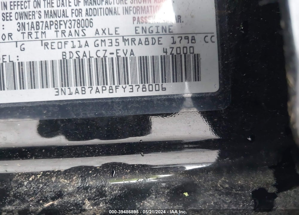 2015 NISSAN SENTRA S VIN: 3N1AB7AP8FY378006