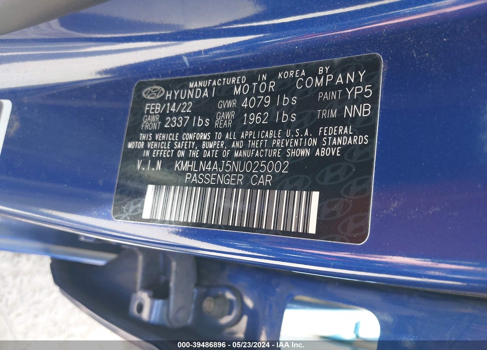 2022 HYUNDAI ELANTRA HYBRID LIMITED VIN: KMHLN4AJ5NU025002