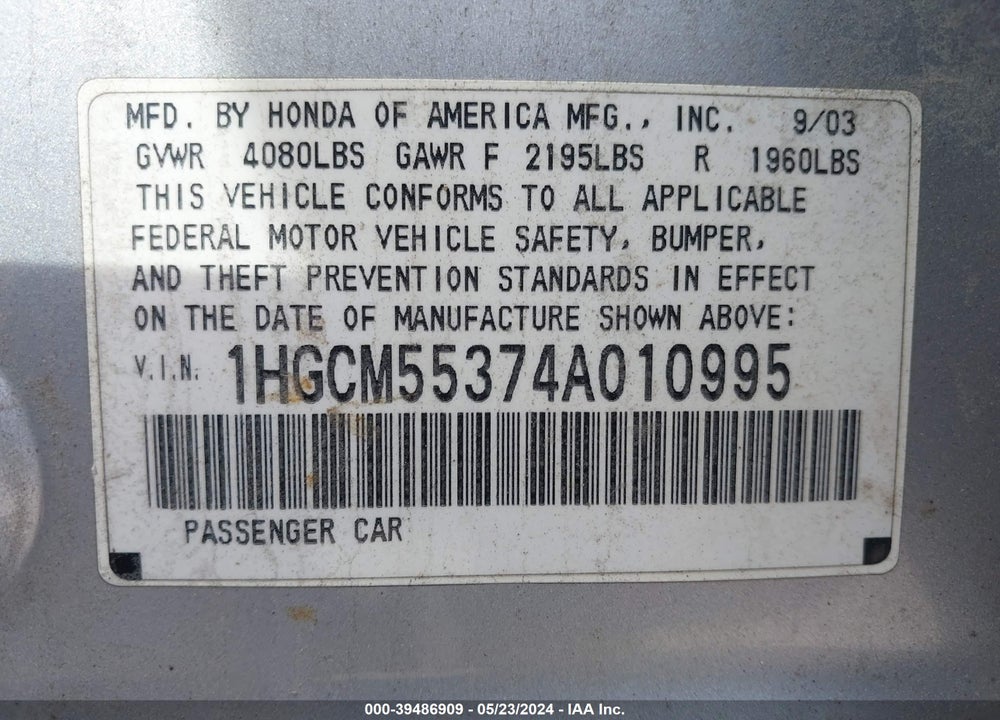 2004 HONDA ACCORD 2.4 LX VIN: 1HGCM55374A010995