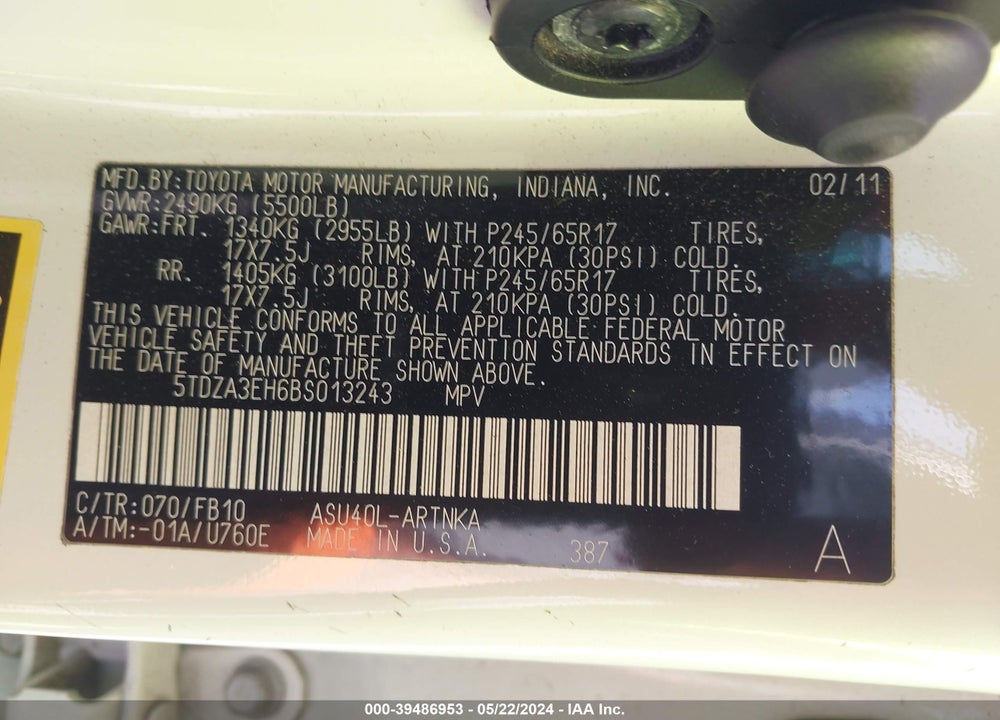 2011 TOYOTA HIGHLANDER VIN: 5TDZA3EH6BS013243